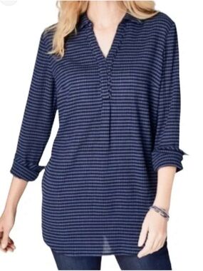 J. Jill Black Indigo Gingham Pullover Collared Tunic Top Plus 3X Log Sleeve